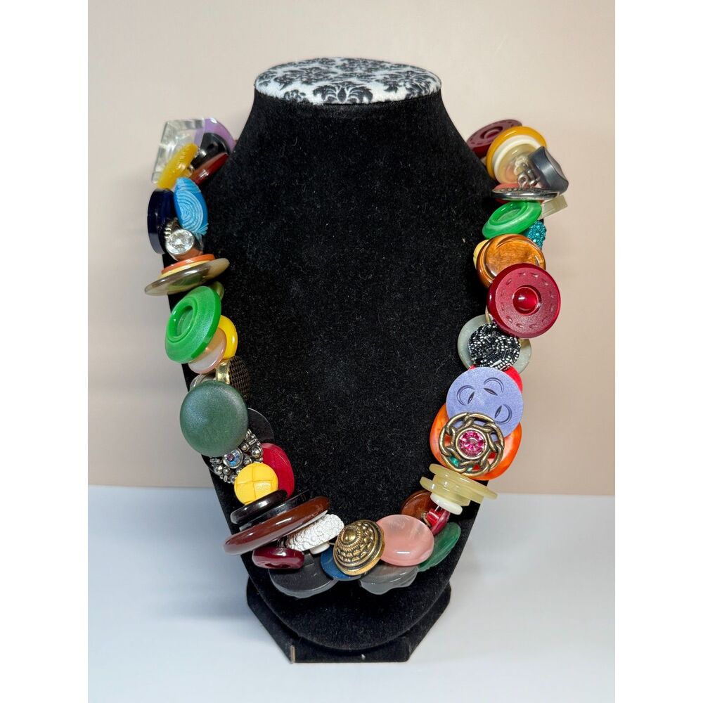 Vintage Button Necklace Multicolor Statement 26 In Gold Tone